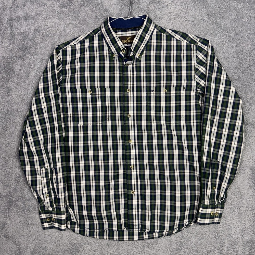 King Ranch Shirt Mens L 100% Cotton Tartan Plaid Western Cowboy Long Sleeve